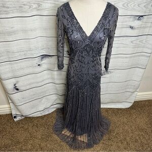 Gray evening v neck dress with intricate beading